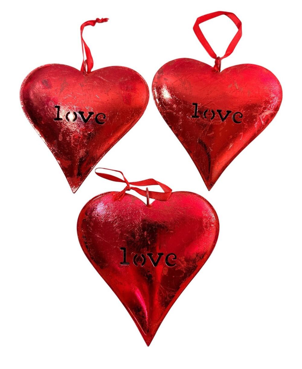 Set of 3 Red Metal Love Heart Hanging Ornaments Rustic Valentine 4.5”